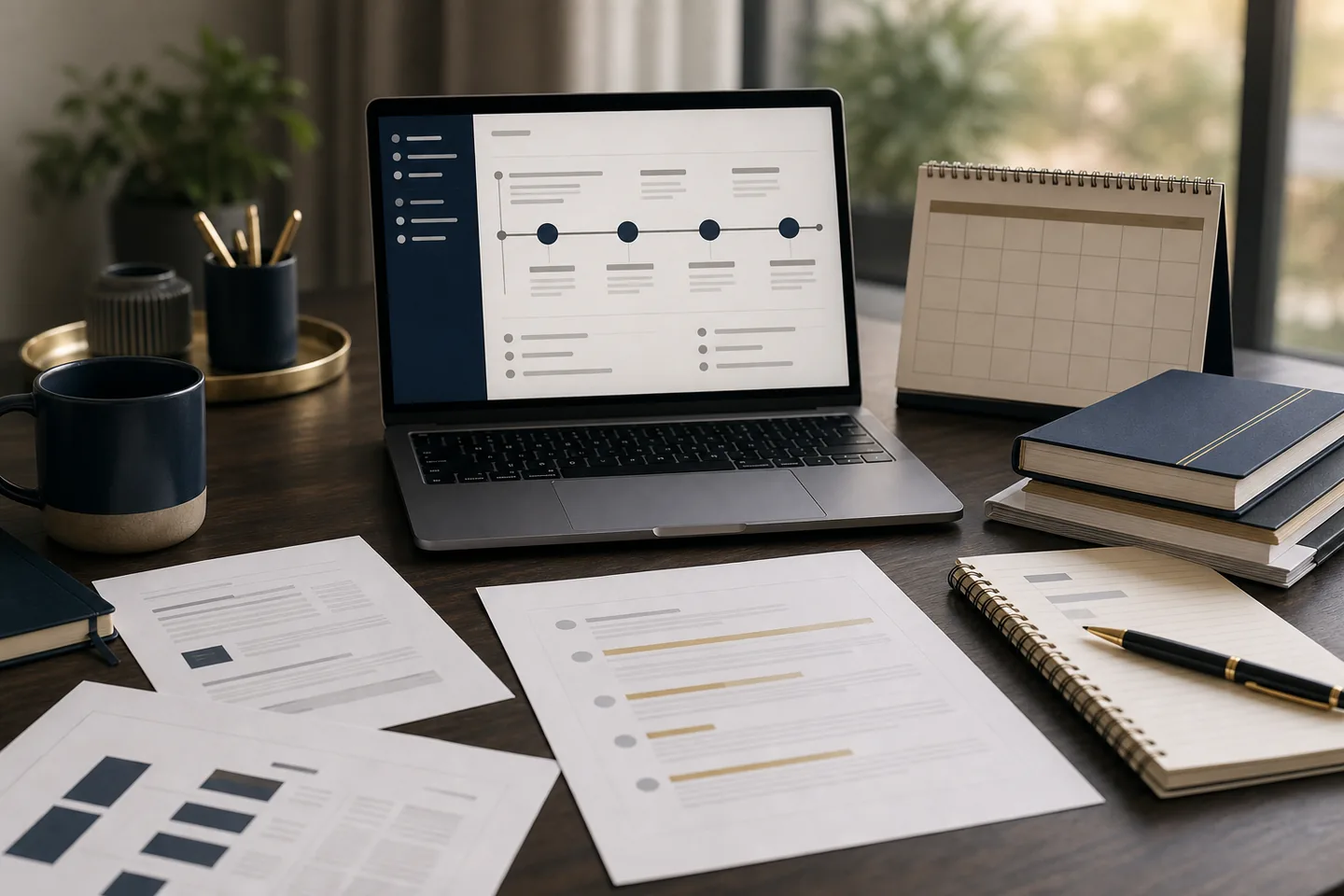 Academic appeal evidence planning desk with a timeline, policy notes and supporting documents.